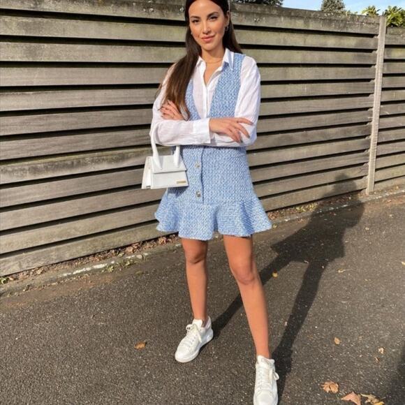 Zara Blue and White TEXTURED RUFFLED PINAFORE DRESS Size Extra Small XS - Picture 2 of 16